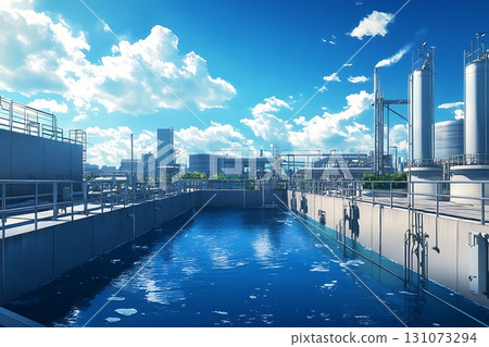 Industrial plant with silos and pipelines reflects blue sky and white clouds over clear water 131073294
