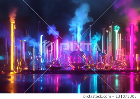Laboratory beakers emit colorful smoke, creating a vibrant chemistry with a dark background 131073305