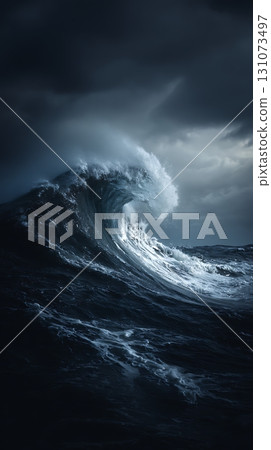 Dramatic Ocean Wave Under Moody Sky 131073497