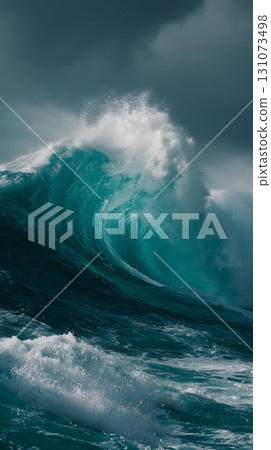 Dramatic Teal Wave Crashing Under a Moody Sky 131073498
