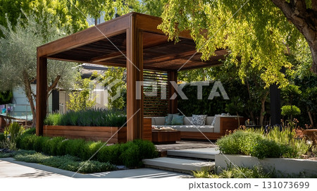 Modern Wooden Pergola Over Patio with Lounge Seating and Lush Landscaping 131073699