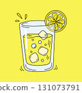 Lemonade. Glass of fresh juice  with slice of a lemon isolated on a yellow background. Refreshing summer drink with lemon, ice cubes, and bubbles. Hand-drawn beverage illustration in flat style 131073791