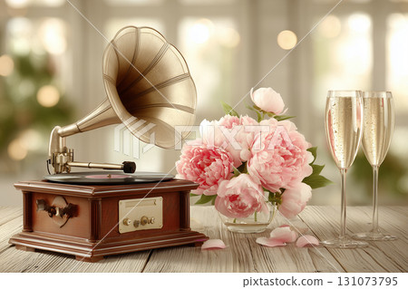 Vintage Celebration with Peonies and Champagne Vintage Celebration with Peonies and Champagne 131073795