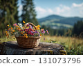 Wildflower Basket on a Tree Stump in Nature 131073796