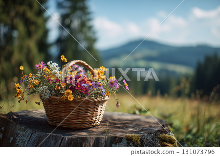 Wildflower Basket on a Tree Stump in Nature 131073796