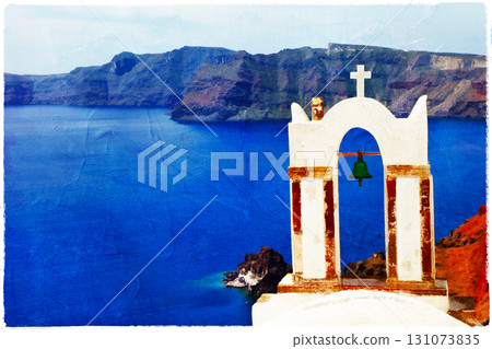 white-blue Santorini. Artwork in painting style white-blue Santorini. Artwork in painting style 131073835