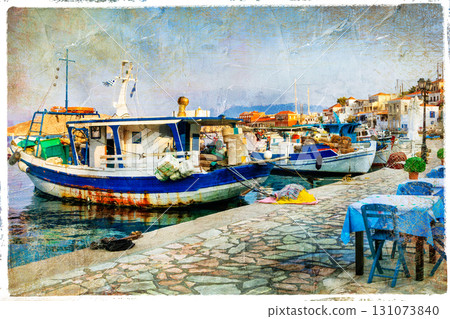 authentic Greek islands with boats and tavernas, artistic picture authentic Greek islands with boats and tavernas, artistic picture 131073840