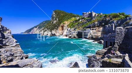 scenic Portovenere. castle on rocks, Cinque terre, Italy 131073870