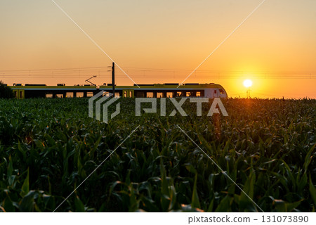 Passengers train traveling at sunrise through agricultural fields in Germany Passengers train traveling at sunrise through agricultural fields in Germany 131073890