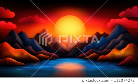 Vibrant Sunset Over Mountain Landscape with Calm Water Reflection and Colorful Clouds 131074272