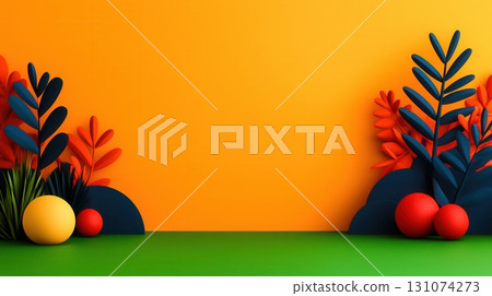 Vibrant Abstract Background with Colorful Leaves and Playful Geometric Shapes 131074273
