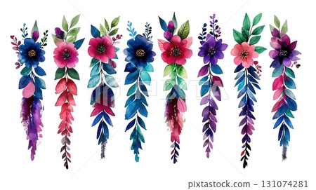 Beautiful watercolor floral arrangement with blue and pink flowers and vibrant leaves 131074281