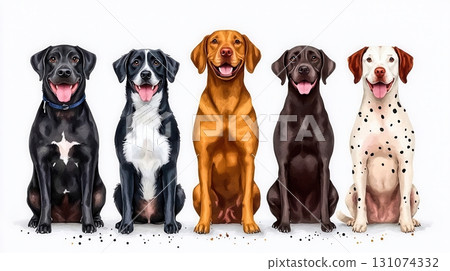 Five Happy Dogs Sitting Smiling with Joyful Expressions on a White Background Five Happy Dogs Sitting Smiling with Joyful Expressions on a White Background 131074332