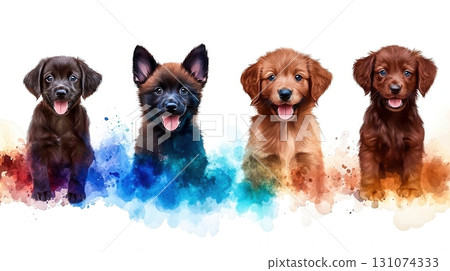Four Adorable Puppies with Colorful Splash Background in Bright Cheerful Style 131074333