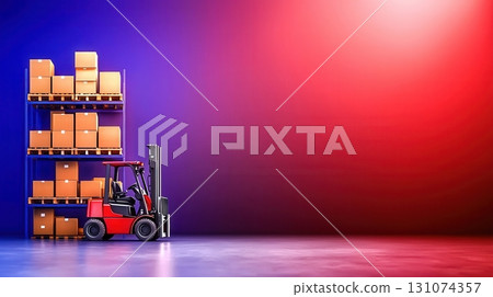 Warehouse Scene with Forklift and Stacked Boxes in a Colorful Background 131074357