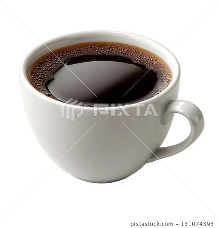 A warm, frothy cup of black coffee in a white cup and a focus to start the morning. 131074393