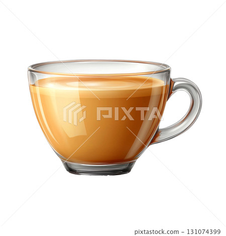 A cup of strong, frothy coffee poured into a shiny glass cup, helping you focus for a new morning. 131074399