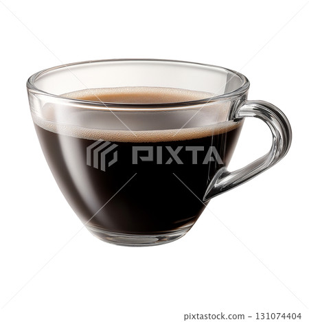 一杯濃濃的泡沫咖啡倒入閃亮的玻璃杯中，幫助您專注於新的早晨。 131074404