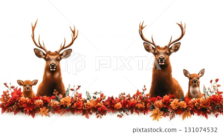 Majestic Deer Family Surrounded by Vibrant Autumn Flowers and Foliage Display 131074532