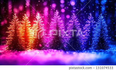Colorful Christmas Trees with Bokeh Lights and Snowy Background in Vibrant Display Colorful Christmas Trees with Bokeh Lights and Snowy Background in Vibrant Display 131074533