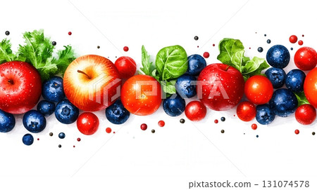 Vibrant Fresh Fruits Arrangement with Berries and Green Leaves on White Background 131074578