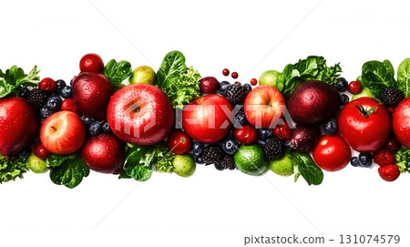 Fresh Red Fruits and Greens Arrangement with Water Droplets on White Background Fresh Red Fruits and Greens Arrangement with Water Droplets on White Background 131074579