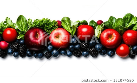 Fresh Fruits and Vegetables Displayed on a White Surface with Green Leaves and Berries Fresh Fruits and Vegetables Displayed on a White Surface with Green Leaves and Berries 131074580