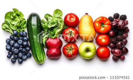 Fresh and Colorful Display of Healthy Fruits and Vegetables on White Background Fresh and Colorful Display of Healthy Fruits and Vegetables on White Background 131074581