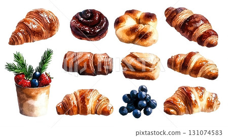 Assorted Pastries and Breads with Berries in a Creative and Colorful Layout 131074583