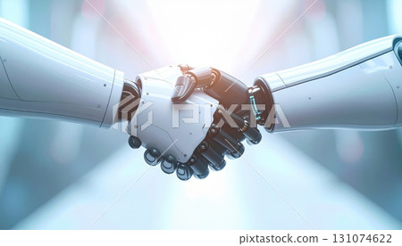 AI image: Close-up of a robotic hand shaking hands 131074622