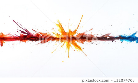Vibrant Splash of Red, Orange, and Blue Liquid Against a White Background 131074703