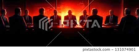 Business Leaders in Conference Room Against Dramatic Red City Skyline Backdrop 131074901