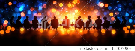 Silhouetted Group at Conference Table Against Colorful Bokeh Light Background 131074902