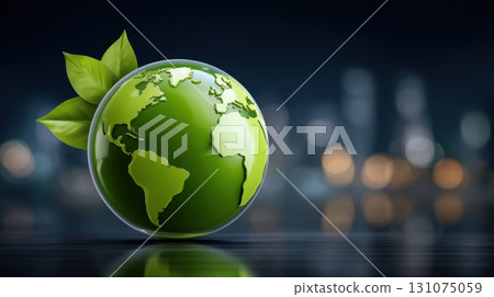 Green globe with leaves reflecting sustainable urban future, hopeful and modern Green globe with leaves reflecting sustainable urban future, hopeful and modern 131075059