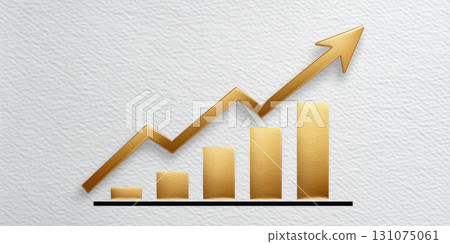 Gold bar chart with rising arrow showing growth and success, elegant textured background 131075061