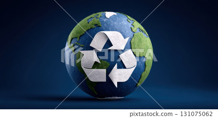Recycling symbol on textured earth globe, environmental sustainability concept, hopeful 131075062