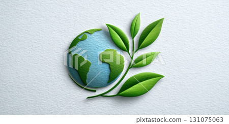 Earth globe with green leaf branch symbolizing environmental care and hope 131075063