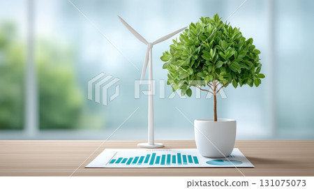 Potted plant, wind turbine model, sustainability report, eco concept, green growth 131075073