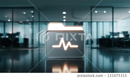 Medical record folder with glowing heartbeat icon reflective floor modern office lobby, conveying secure digital health data and calm 131075315
