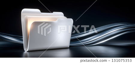 Sleek white file folder glowing with soft light and flowing silver data streams, modern concept of digital organization and secure file transfer 131075353