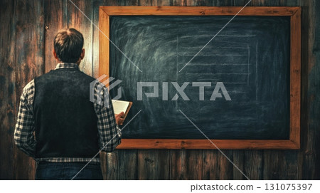 A man stands in front of an empty blackboard while holding an open book 131075397