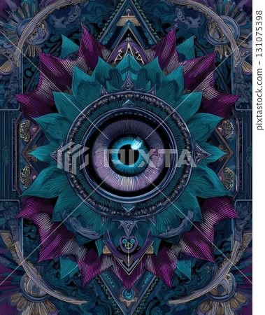 A psychedelic mandala-like design with a large central blue eye surrounded by intricate floral and geometric patterns 131075398