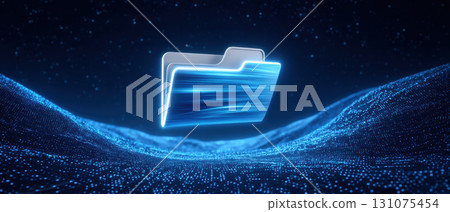 Blue glowing digital folder floating above luminous data landscape, conveying secure file storage and futuristic information flow 131075454