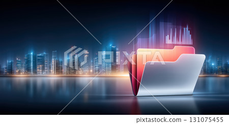 Digital folder with glowing data visualization over futuristic city skyline, dynamic and modern tech scene evoking innovation and connectivity 131075455