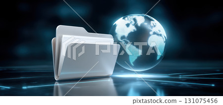 Digital file folder and glowing globe on reflective surface conveying global data sharing and secure information access 131075456