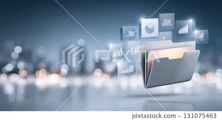 Digital folder with floating data charts and glowing file icons conveying efficient data management and analytic insight 131075463