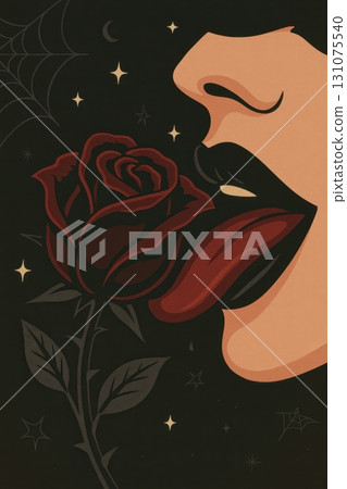 A gothic-style illustration of red lips and tongue touching a dark rose against a black background A gothic-style illustration of red lips and tongue touching a dark rose against a black background 131075540