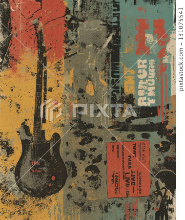 grunge-style artwork of a black electric guitar with textured splashes of red, yellow, and teal grunge-style artwork of a black electric guitar with textured splashes of red, yellow, and teal 131075541