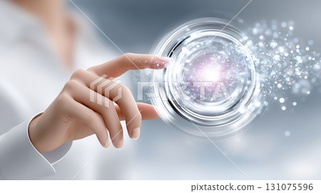 Human hand touching glowing futuristic interface, digital technology concept 131075596