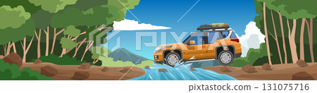 Traveling of car with driving man in the forest. 4x4 vehicle is driving through a small stream and the water splashes. Stream flowing through the ground with a forest. Under mountain and blue sky. 131075716